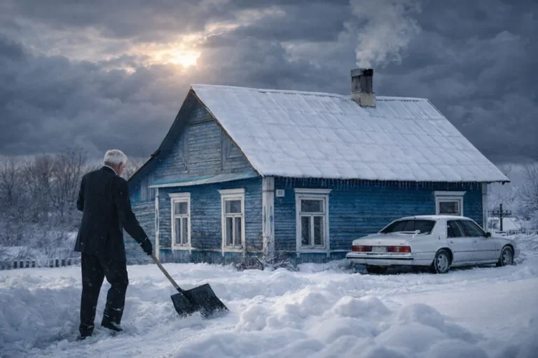 An elderly man shovelling snow in front of a rural house at dusk.