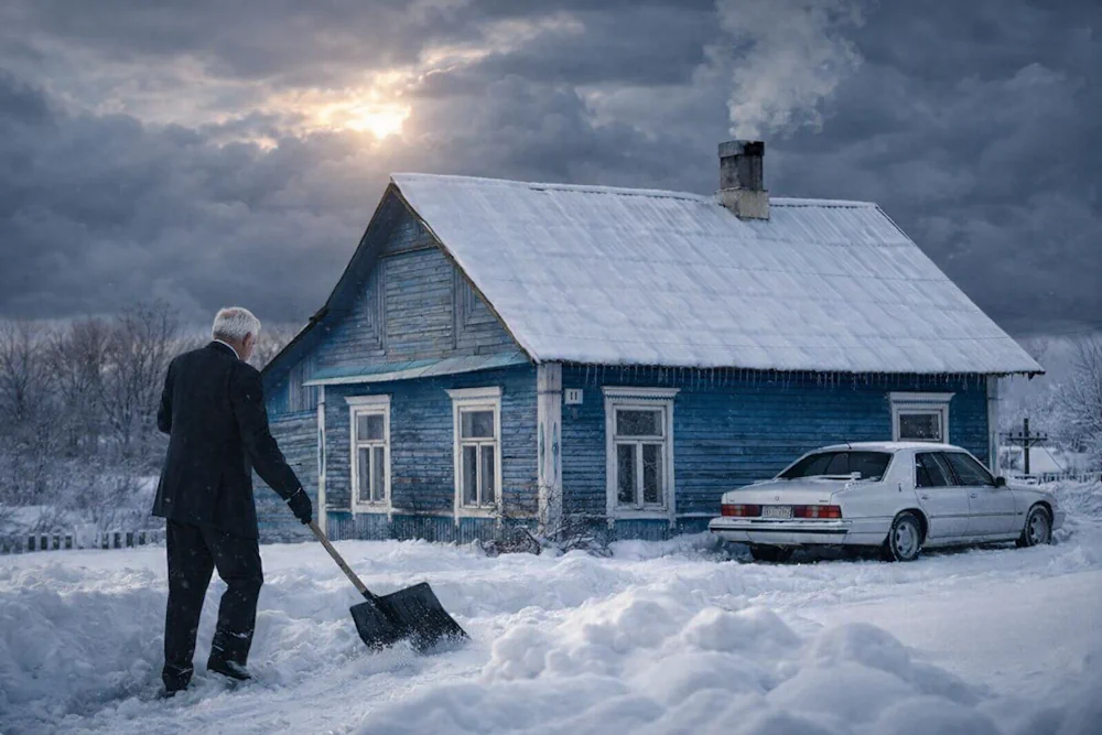 An elderly man shovelling snow in front of a rural house at dusk.